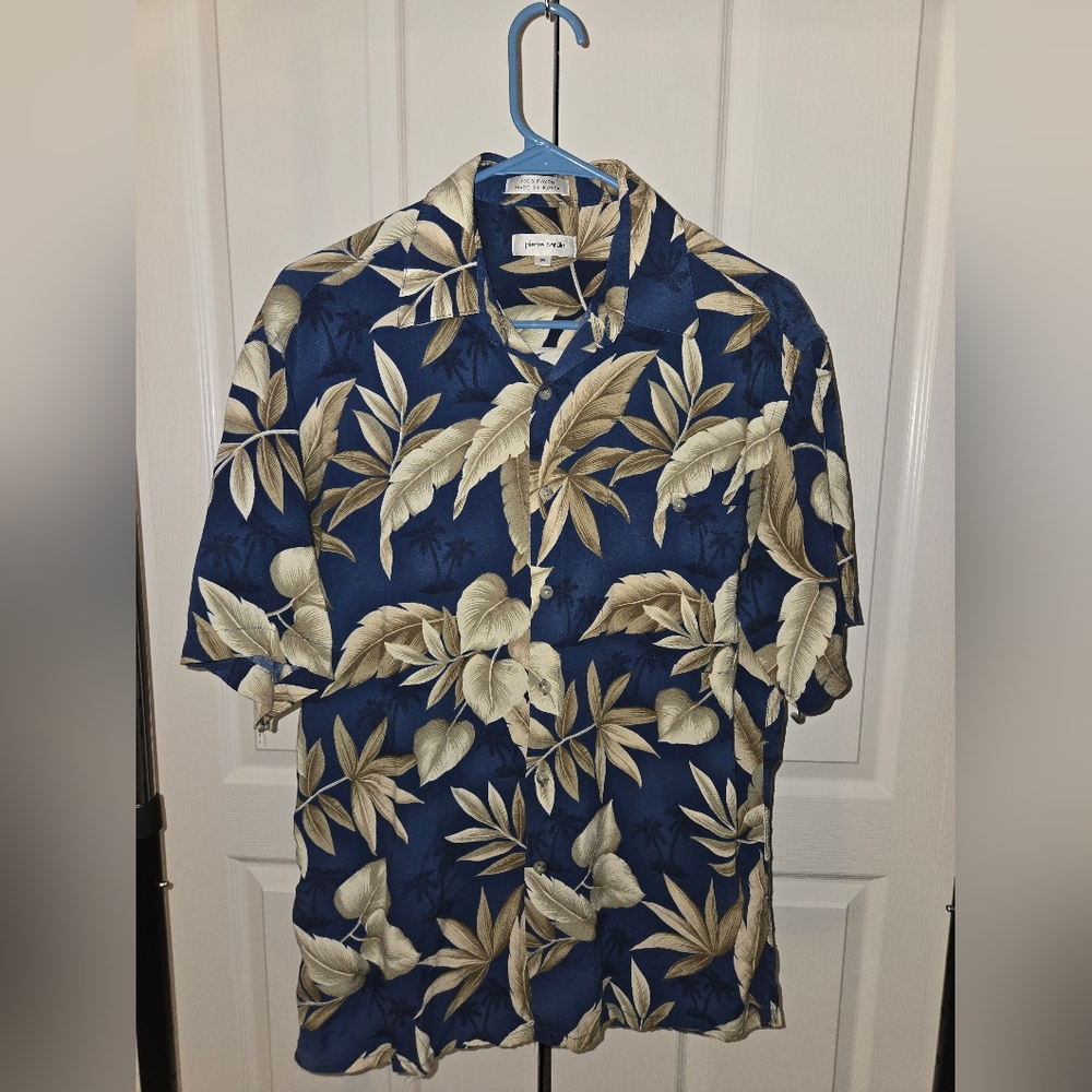Pierre Cardin Men's Blue and Tan Leaf Print Shirt